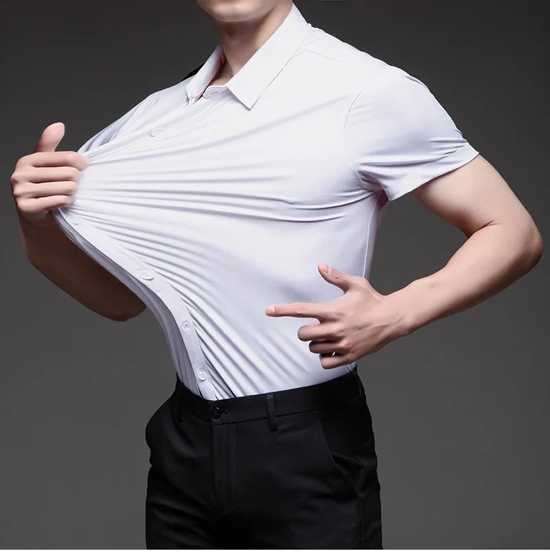 High Quality Dress Shirts For Men Business Casual Seamless Wrinkle Resistant Button Soft Elastic Luxurious Male White Clothing