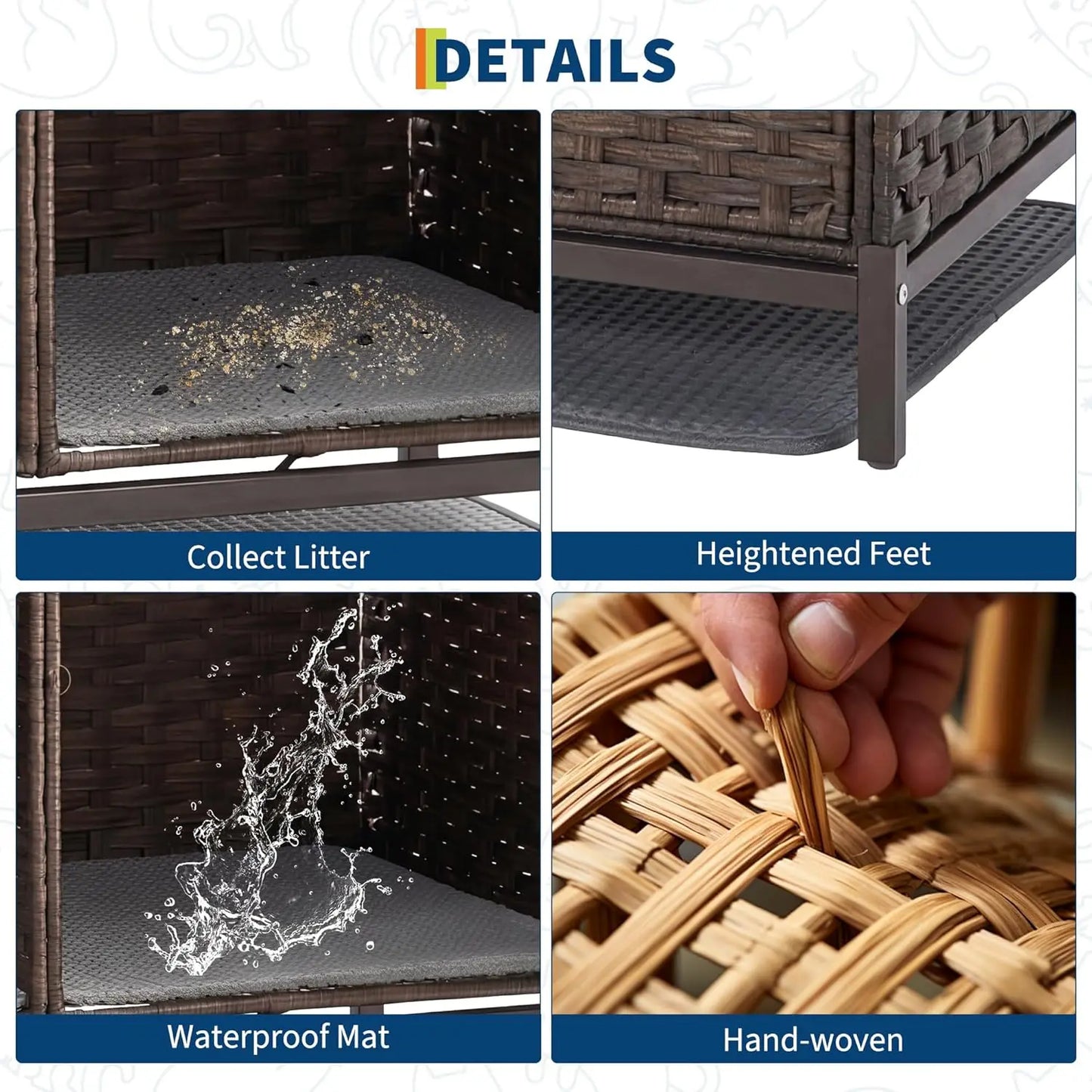 Rattan Cat House Double Cat Litter Box Enclosure Furniture 2 Cats | Double Room Cat Cabinet, with Washable Litter Mat & 2 Hooks, Easy Assembly, 47.2"L x 19.7"W x 23.6"H Walnut