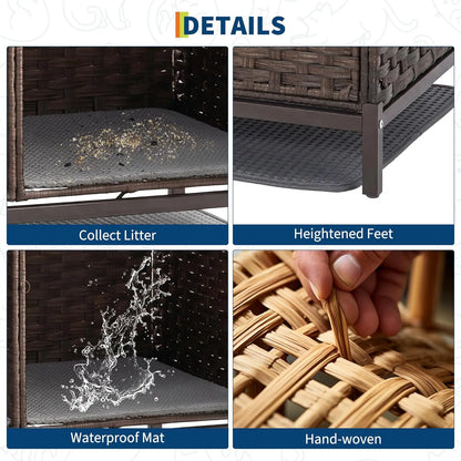 Rattan Cat House Double Cat Litter Box Enclosure Furniture 2 Cats | Double Room Cat Cabinet, with Washable Litter Mat & 2 Hooks, Easy Assembly, 47.2"L x 19.7"W x 23.6"H Walnut