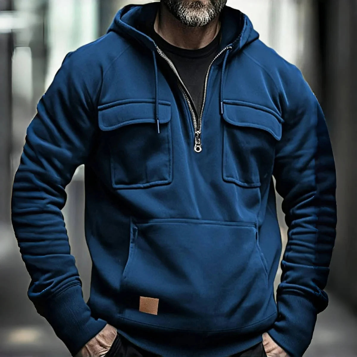 Men's Casual Sports Hooded Sweatshirt New Style Outdoor Thick Fashionable Loose Long-Sleeved Pullover with Multiple Pockets