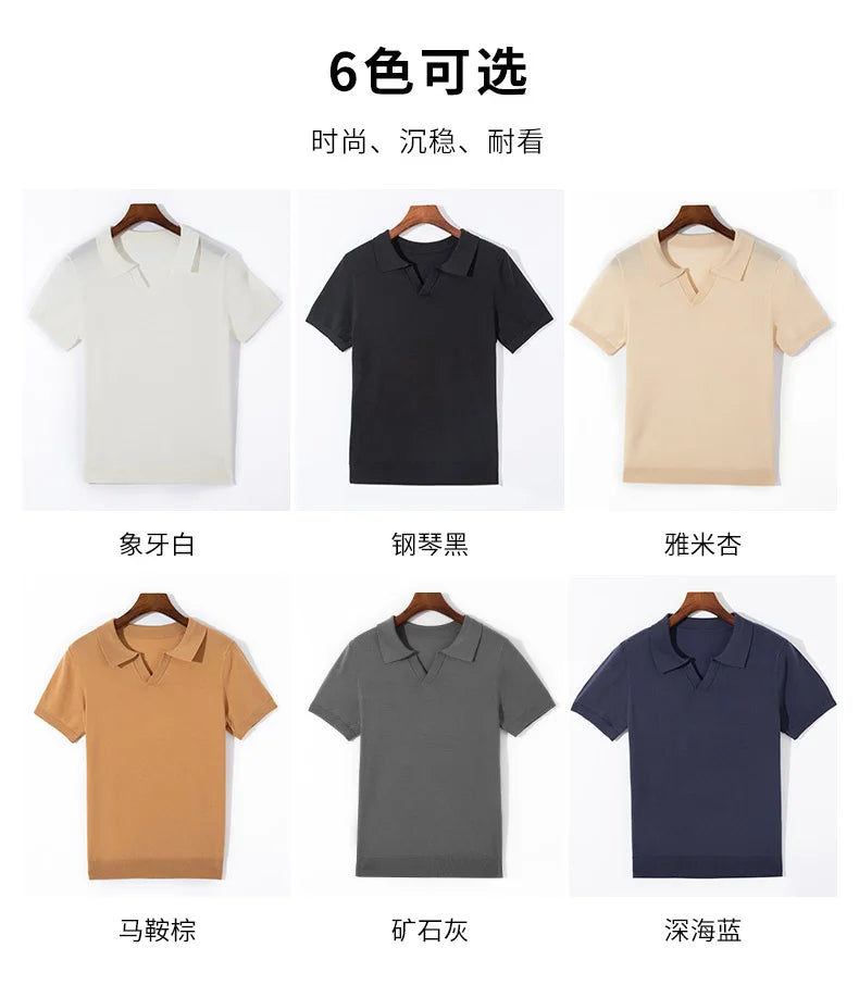 Spring and summer new 100% pure wool business casual knitting technology men's breathable soft lapel Polo short sleeve T-shirt.