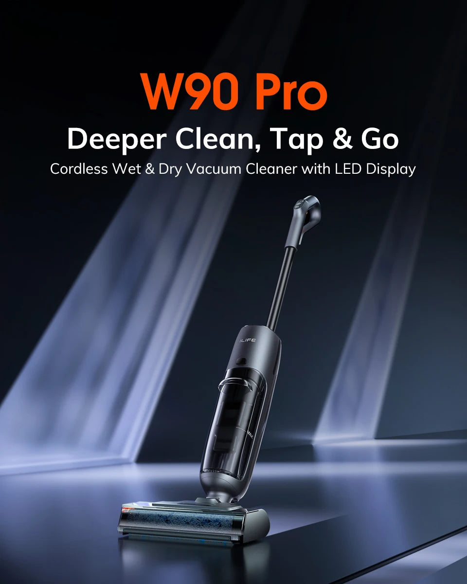 ILIFE W90 Pro Cordless Vacuum Cleaner Mop Wet & Dry, 7000Pa Suction, One Tap Self-Cleaning, Floor Washer, LED Display, Large Dual Water Tank, Upgraded W90
