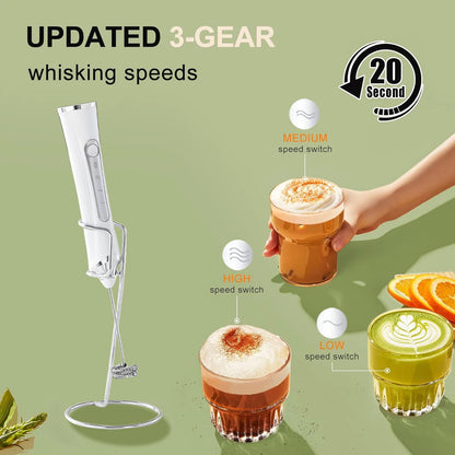 Milk Frother Rechargeable Handheld 3 Speed With Stand Electric Foam Maker, Drink Mixer Cappuccino Matcha Housewarming Gift Idea