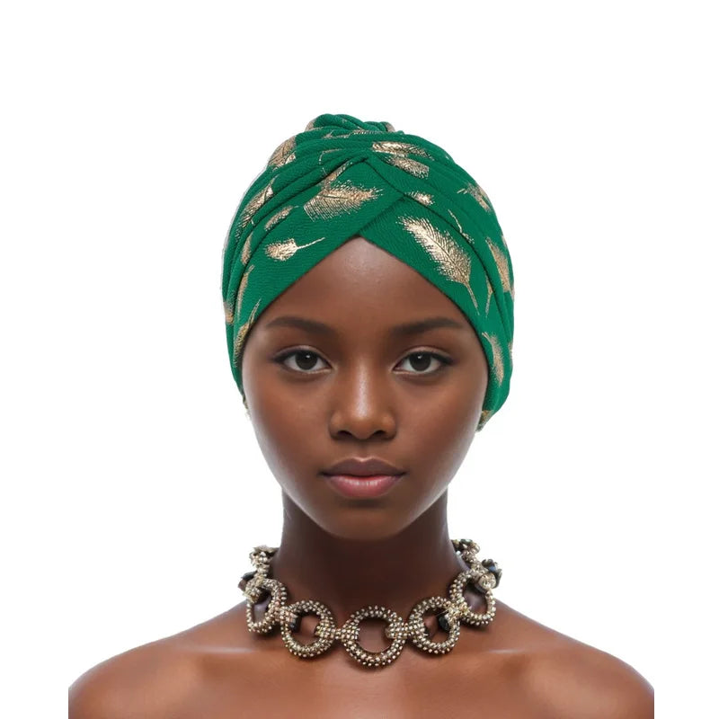 Feather Gold Stamping Fabric Turban Cap for Women African Wrap Head Bonnet Muslim Under Scarf Hat Turbante Mujer