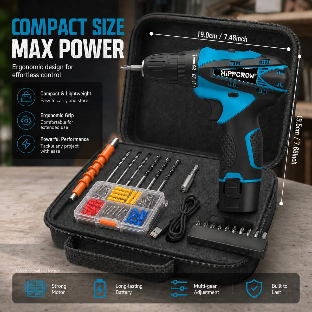 Hippcron 12V Lithium Electric Drill Tapping Cordless Impact Tool Ratchet Set Multifunction Screwdriver Household with 3/8" Chuck