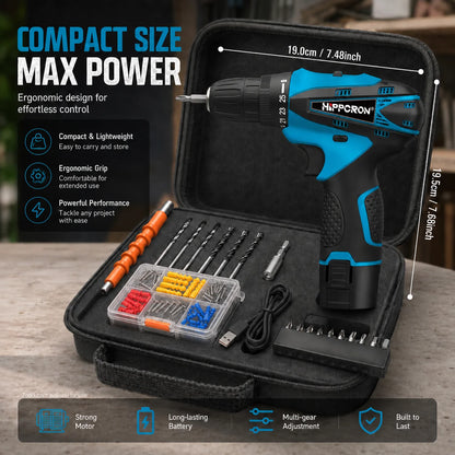 Hippcron 12V Lithium Electric Drill Tapping Cordless Impact Tool Ratchet Set Multifunction Screwdriver Household with 3/8" Chuck