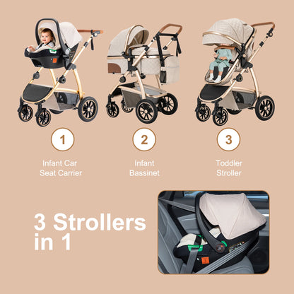 Baby Stroller 3 in 1 Easy Folding Multifunctional Stroller Travel Portable Baby Carriage Safety Seat EU Standard Aluminum Frame