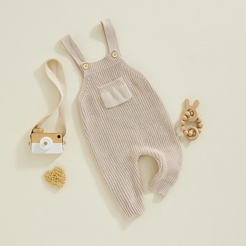 FOCUSNORM 0-3Y Winter Baby Boys Girls Overalls Jumpsuits Sleeveless Front Pocket Solid Color Knitted Romper Outfit