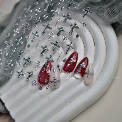 Gold Silver Metal Nail Stickers Dark Retro High-end Cross Nail Art Accessories Sticker Back Blue Nails 3D Decorations Decals DIY