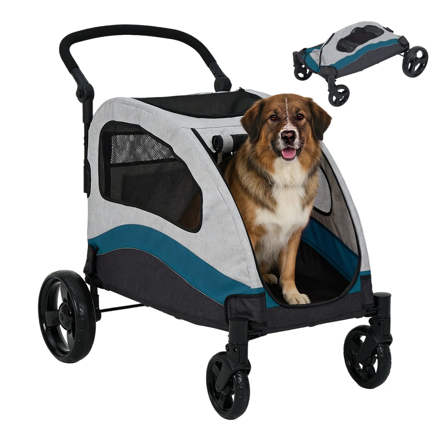 Heavy Duty Pet Wagon & Large Dog Stroller , Collapsible Dog Cart with Adjustable Handle, Breathable Mesh and Storage Pockets
