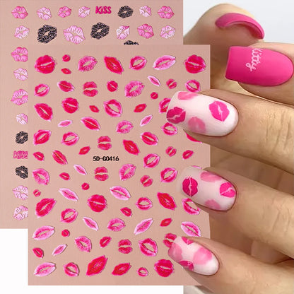 1sheet 5D Sexy Red Lips Nail Decal Stickers KISS Love Heart Valentine's Day Self-adhesive Nail Slider DIY Romantic Nail Decor