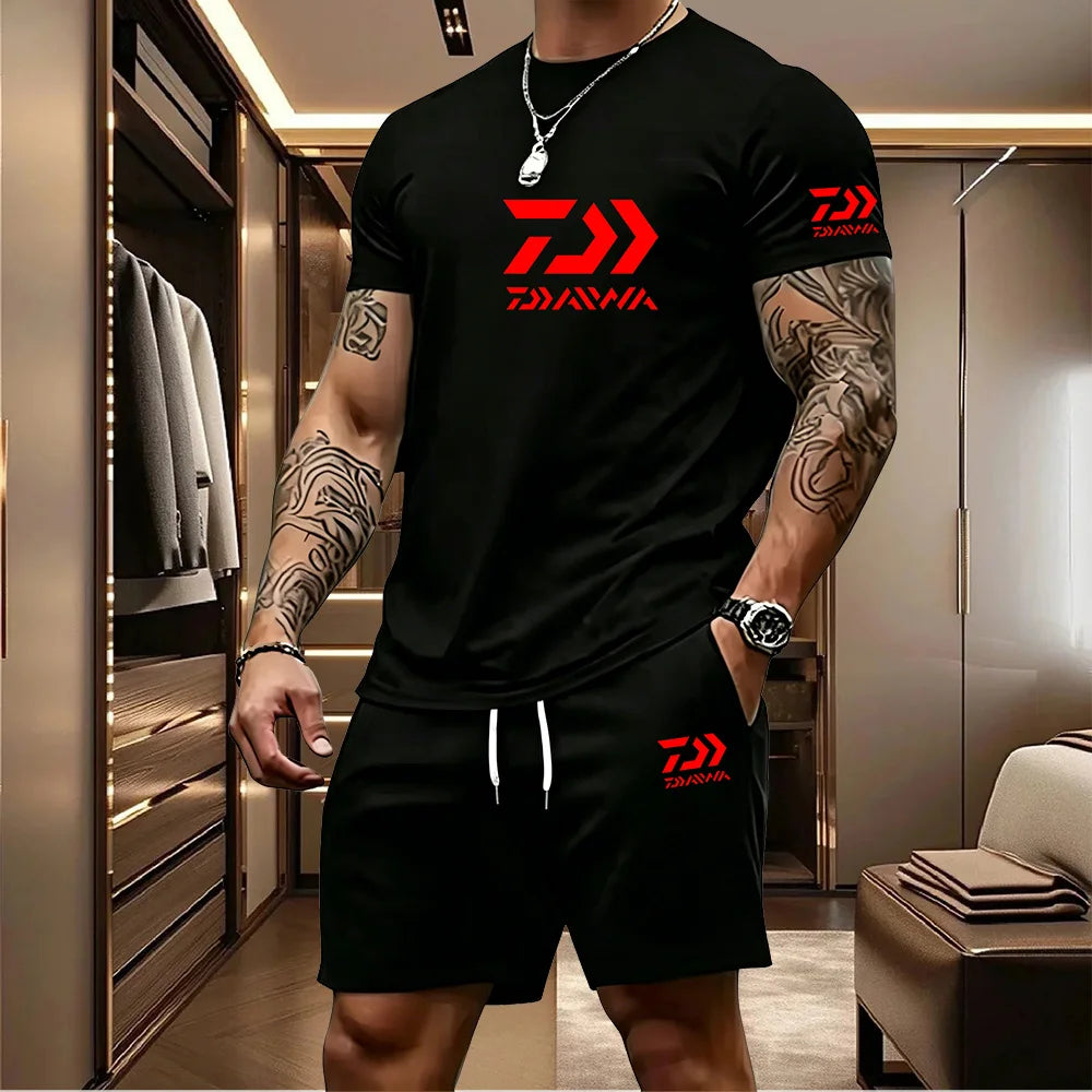 2026 Summer Men's Short Sleeved T-shirt Drawstring Shorts Set Breathable Outdoor Sports Set Men's Daily Fishing Suit