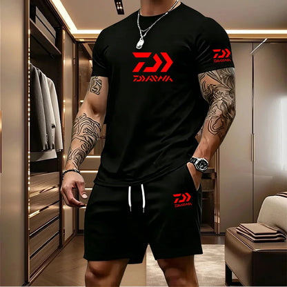 2026 Summer Men's Short Sleeved T-shirt Drawstring Shorts Set Breathable Outdoor Sports Set Men's Daily Fishing Suit