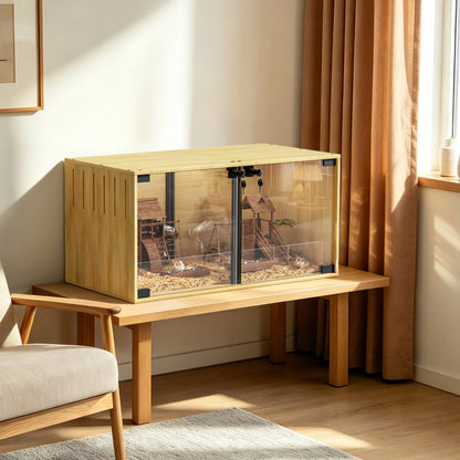 Wooden Hamster Guinea Pigs Cage Mice and Rat Habitat with Removable Divider Tempered Glass Panels Chew-proof Small Animals Cage for Small Pets