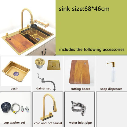Gold Waterfall Faucet Kitchen Sink Nano Sink 304 Stainless Steel Golden Topmount Single Bowl Wash Basin 4 Function Kitchen Faucet