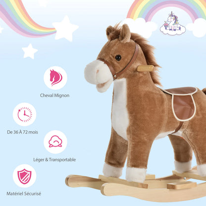 Children's Rocking Horse, Comfortable and Soft, Short Plush, Poplar, Brown, 65 L X 32.5 L X 61 H cm, Children's Rocking Horse, Toy Rocking Horse, Riding Rocking Horse, Children's Toy Rocking Horse