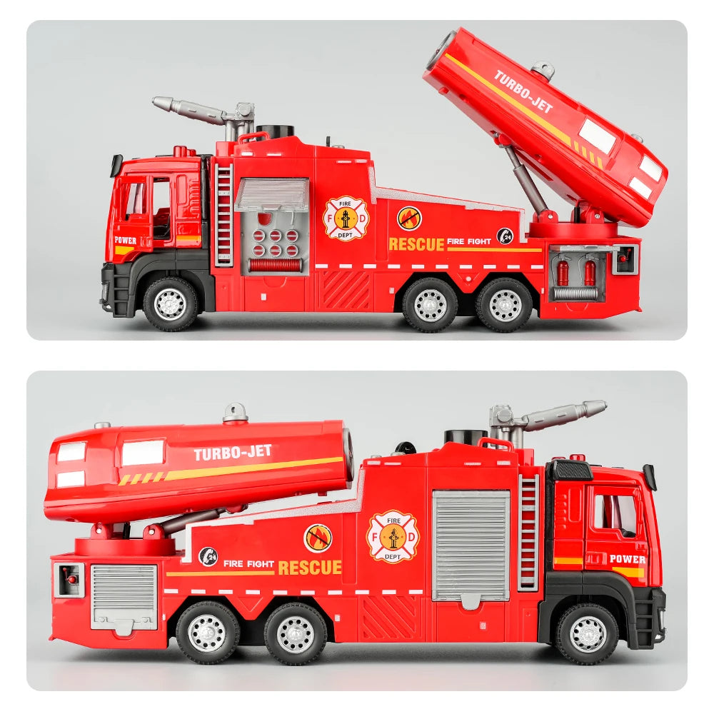 New Alloy Fire Truck Toy Large Size for Boys Water Spray & Smoke Exhaust Function Kids Ladder Rescue Vehicle Model Pull Back