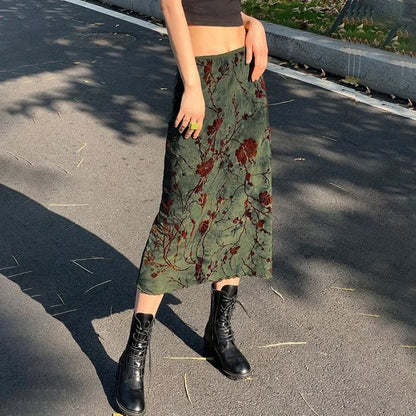 Harajuku Floral Print Long Skirt Vintage Low Rise Straight Midi Skirts for Women Autumn Basic All-match Skirts Ladies Y2k