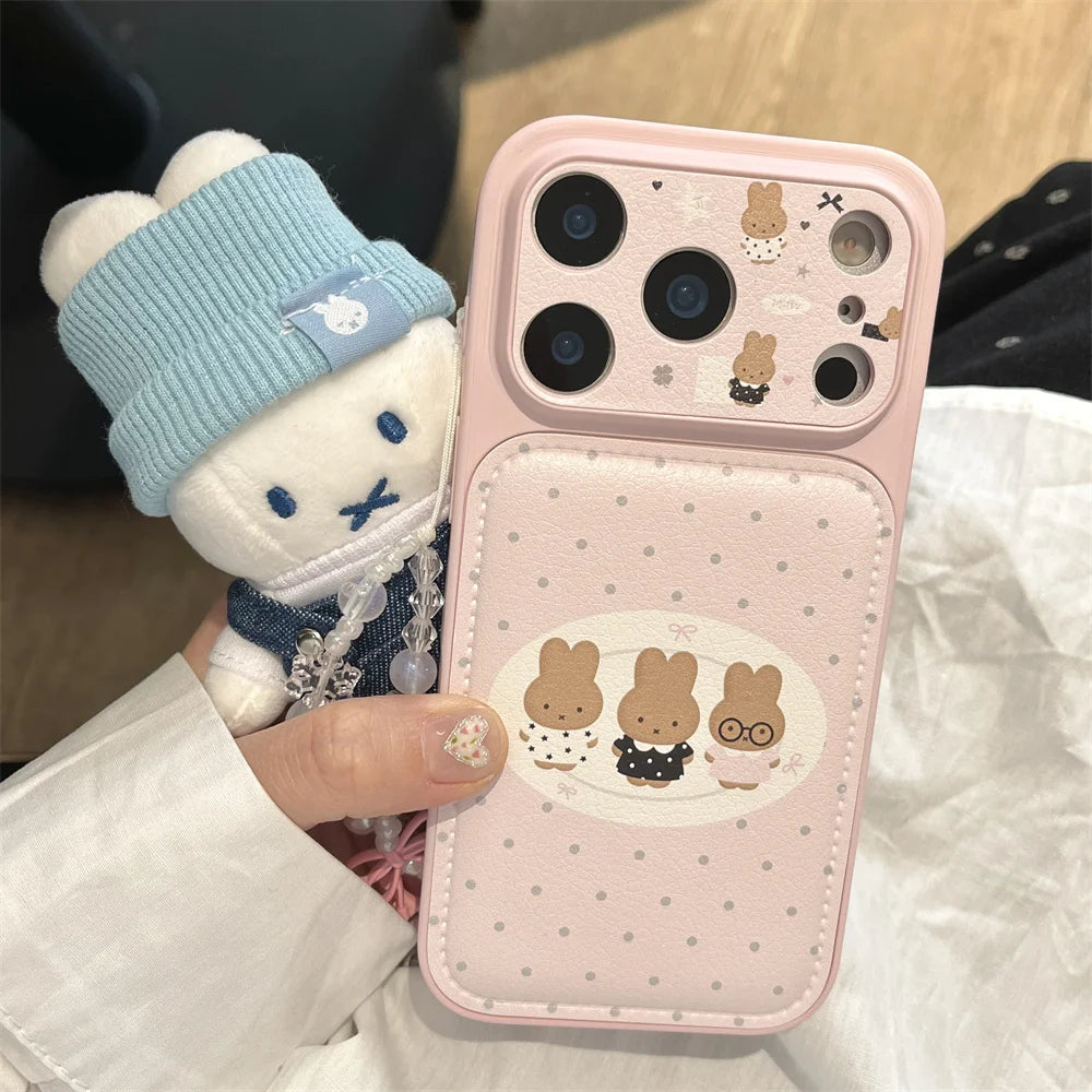 Polkadot Leather Funny Miffy Rabbit phone case for iPhone 15 Pro 14 13 16 Max 17 Pro Max Cover With Chain Cute Cartoon Cases Cap