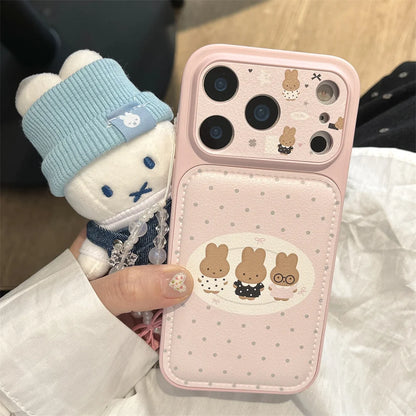 Polkadot Leather Funny Miffy Rabbit phone case for iPhone 15 Pro 14 13 16 Max 17 Pro Max Cover With Chain Cute Cartoon Cases Cap