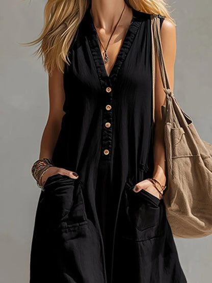 UOOZEE 2026 New Women's Sleeveless Casual Black Jumpsuit V Neck Button Front Pockets Wide Leg Overalls Loose Vacation Romper