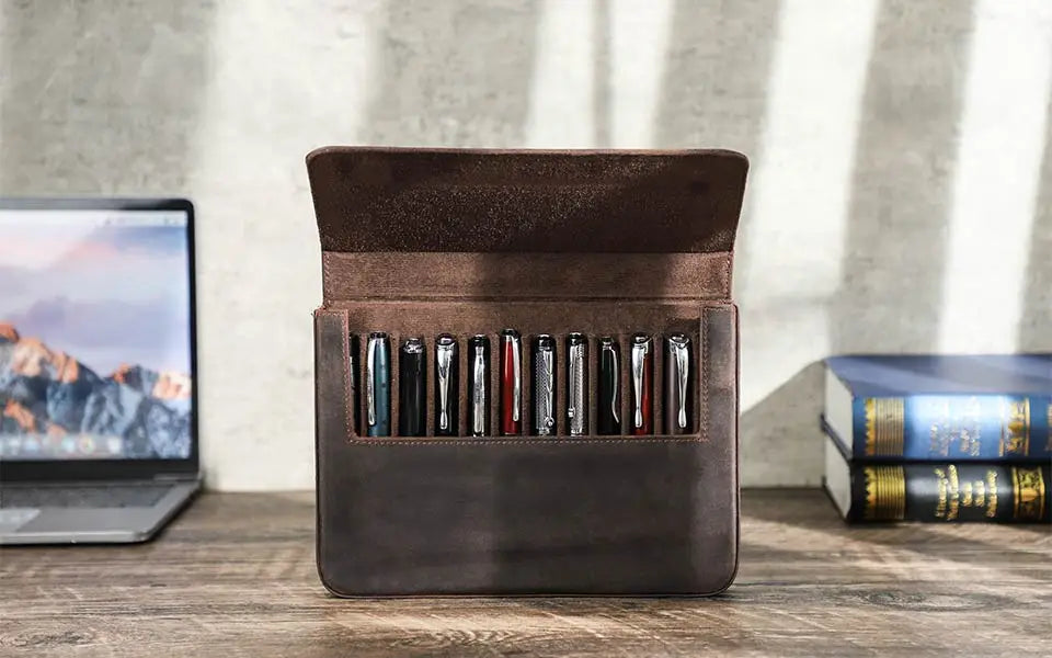 Luxury Genuine Leather 12 Slots Fountain Pen Case Box Office School Stationery Pen Storage Pouch Holder with Removable Pen Tray