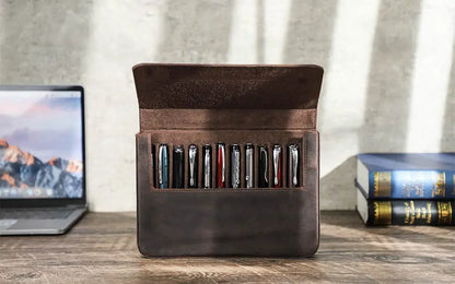 Luxury Genuine Leather 12 Slots Fountain Pen Case Box Office School Stationery Pen Storage Pouch Holder with Removable Pen Tray