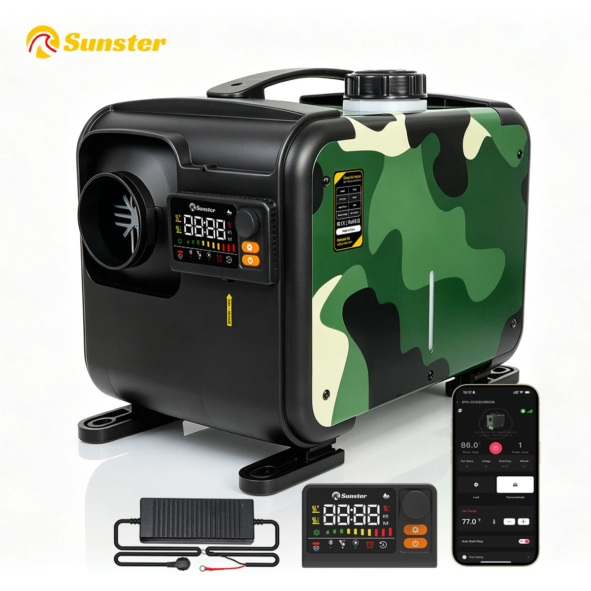 Sunster Portable Camo Diesel Air Heater 8KW with Handle 12/24V 110-240V All in One Smart Heater 35dB Quiet Fast Heat No Cold Air CO Monitor Kit for Motorhome Trailer Pickup Camping
