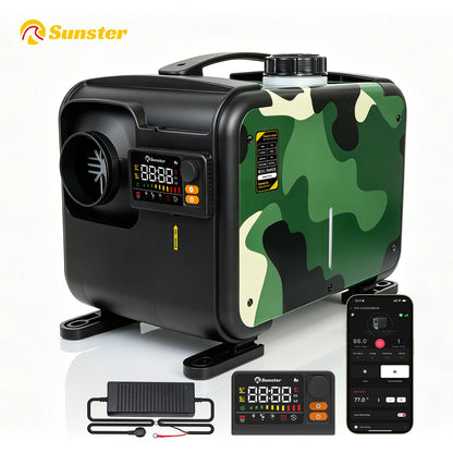 Sunster Portable Camo Diesel Air Heater 8KW with Handle 12/24V 110-240V All in One Smart Heater 35dB Quiet Fast Heat No Cold Air CO Monitor Kit for Motorhome Trailer Pickup Camping