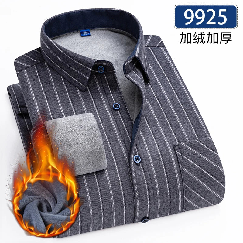 Autumn Winter Thicken Fleece Shirts For Men Business Plaid Shirt Long Sleeve Warm Clothes Male Single Pocket Classic Check Shirt