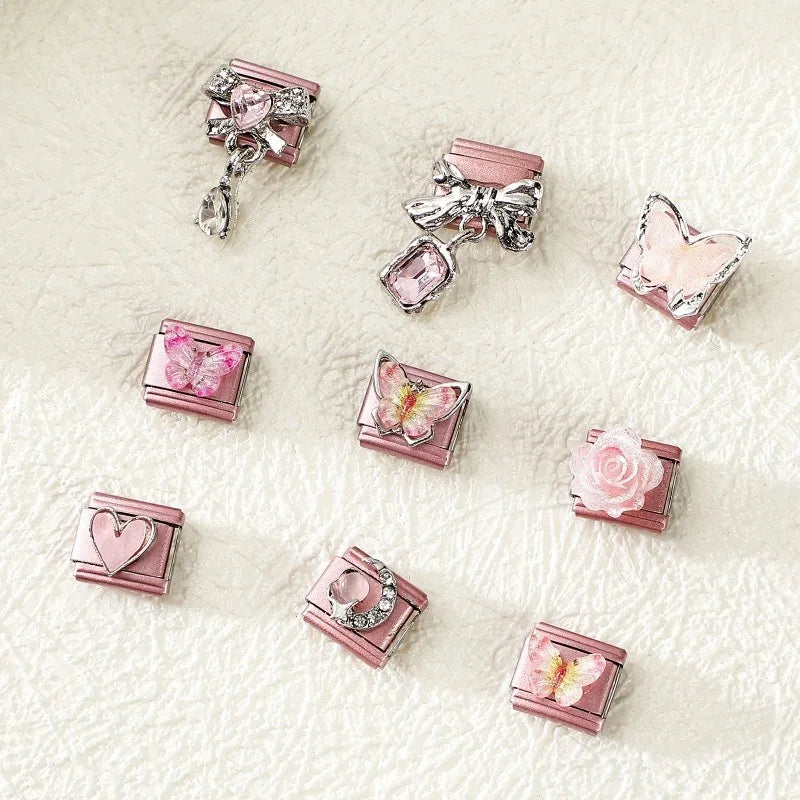 2025 New Women Romantic Pink Cherry Heart Shiny CZ Italian Charm Links Fit 9mm Bracelet Stainless Steel DIY Making Jewelry Gifts
