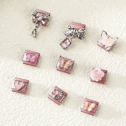 2025 New Women Romantic Pink Cherry Heart Shiny CZ Italian Charm Links Fit 9mm Bracelet Stainless Steel DIY Making Jewelry Gifts