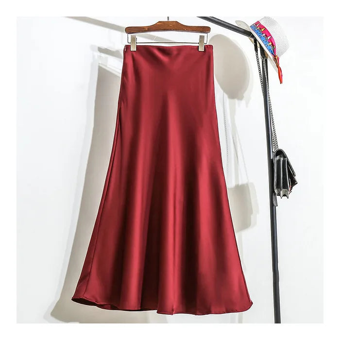 Botvotee Elegant Satin Long Skirt for Women Spring Summer 2025 Office Ladies Korean Style Loose Elastic Band Midi Skirts