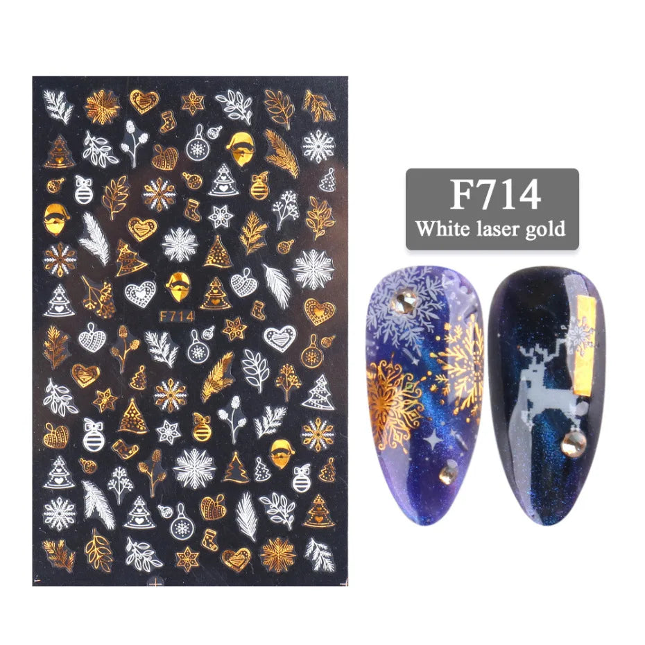 1PCS New Christmas Decorations 2023 New Year Nail Stickers Press on Nails Laser Snowflake Christmas Tree 3D Nail Decal