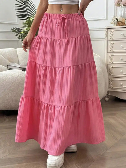 European and American Cross-Border New Style Wish Spring and Summer Women's Skirts, Tie-Strap Spliced Flared Skirts, Loose Long