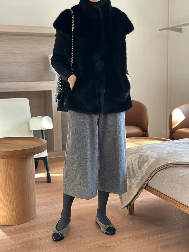 Women's Autumn Winter Faux Mink Hair Stand Collar Sleeveless Loose Vest Jacket Lady Streetwear Single Breasted Faux Fur Vest Top