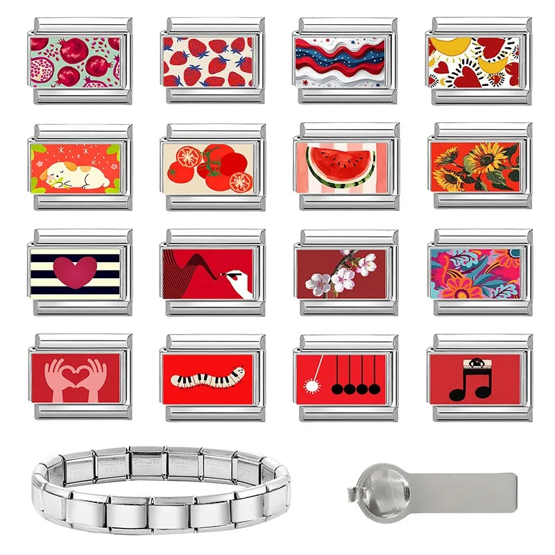 Wholesale Fashion Personalized DIY Red Color Italian Charm Bracelet Watermelon Tomato Bead 9mm Bracelet Stainless Steel Jewelrys