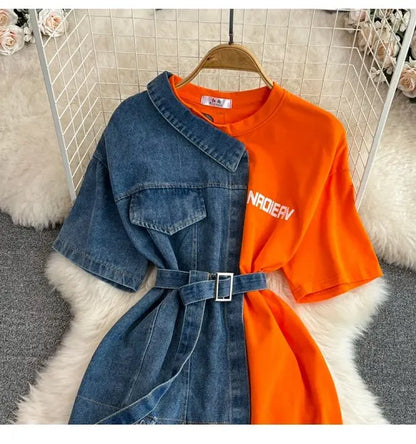 Retro Hong Kong Sle Chic Casual Mid-Length round Ne Patchwork Color Denim irt with Belt Spring New Women's Faion Top