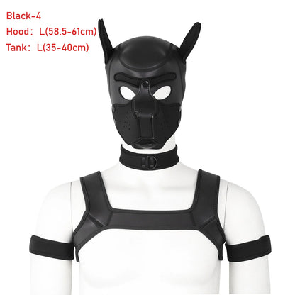 Large Size Puppy Cosplay Neoprene Fetish Hood Mask Kit with Chest Strap Collar Armband Sex Costumes for Bdsm Slave Role Play