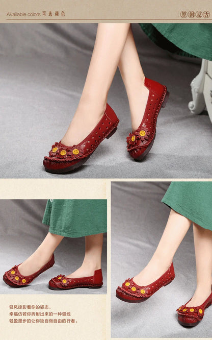 Vintage Flower Moccasins Woman Genuine Leather Ballet Flats Ladies Hollow Slip Ons Women's Luxury Loafer Purple Walking Shoes 42