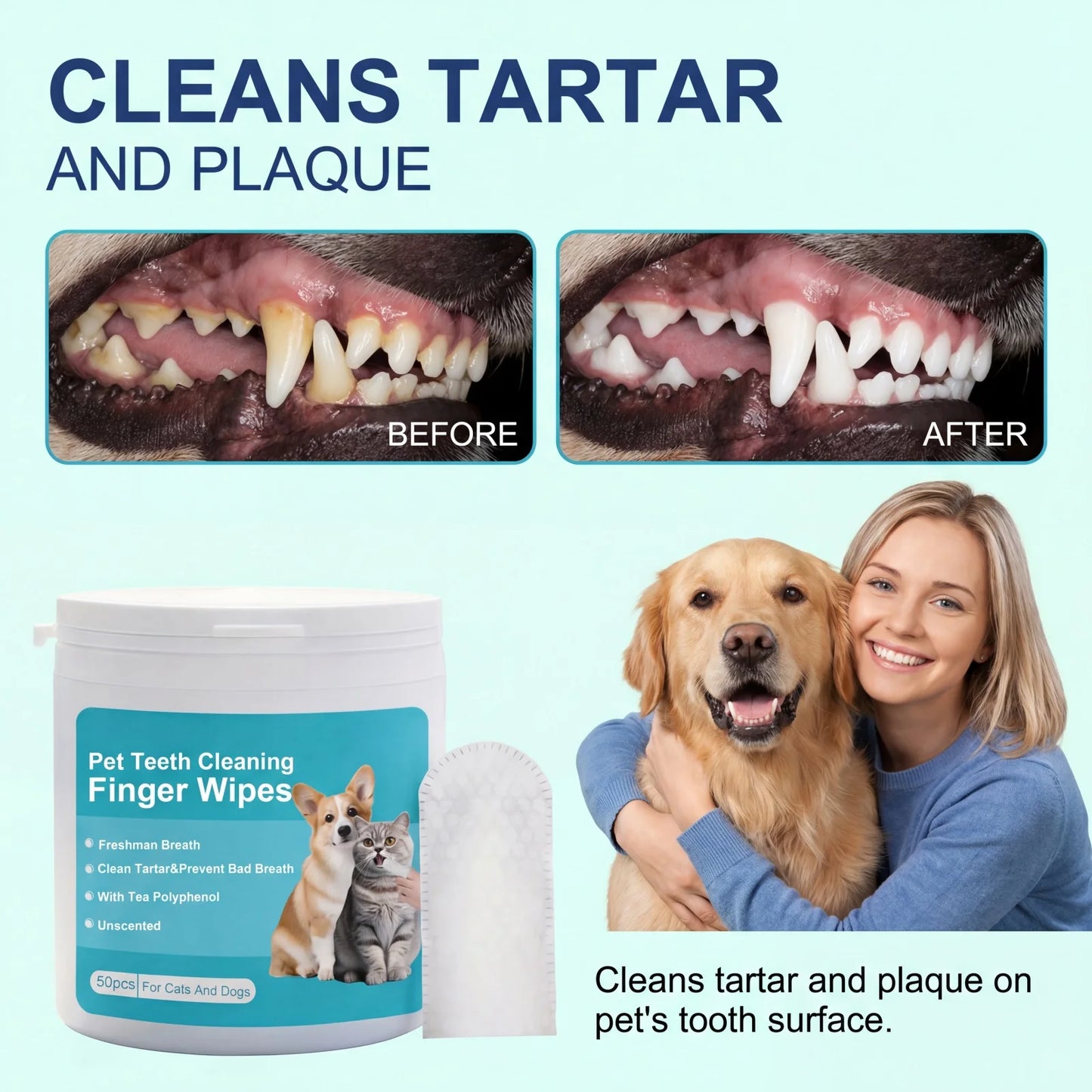 Pet Dental Finger Wipes for Dogs Cats Remove Plaque Tartar Stains Whitening Fresh Breath Disposable Toothbrushing Wipes 50PCS