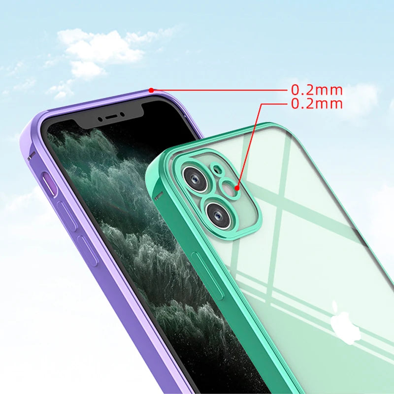 Luxury Plating Square Frame Silicone Transparent Case on For iPhone 11 12 13 14 15 Pro Max X XR XS Max 7 Plus Clear Back Cover