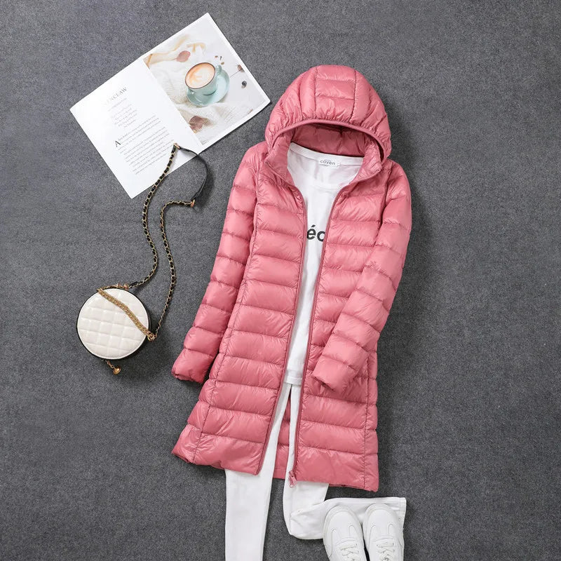 Women Ultra Light Long Down Jacket Coats Autumn Winter Loose Long Sleeve Zip Up Loose Korean Hooded Detachable Tops Outwear