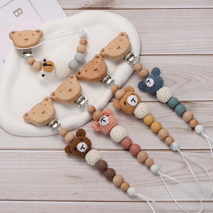 Cartoon Bunny Pacifier Chain Clip Wood Crochet Bear Teething Chain Baby Teether Soother Holder Newborn Chew Toys Pacifier Clips