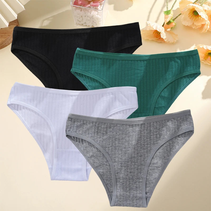 4PCS/SET Women's Cotton Panties Sexy Soft Striped Underpants 12 Solid Color Briefs Female Comfortable Stretch Lingerie M-XL