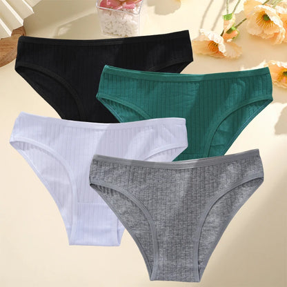 4PCS/SET Women's Cotton Panties Sexy Soft Striped Underpants 12 Solid Color Briefs Female Comfortable Stretch Lingerie M-XL