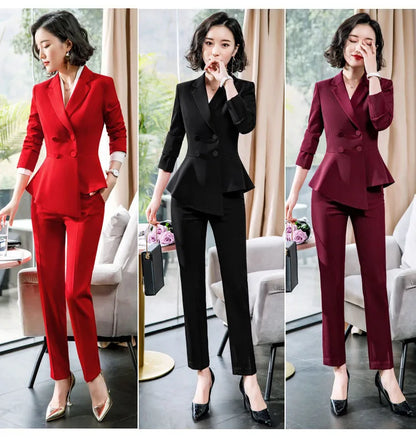 Fashion Red Pant Suits For Women Business Work Wear Formal Outfits Office Lady Blazer Set Elegant 2 Pieces Sets Female 2024 New