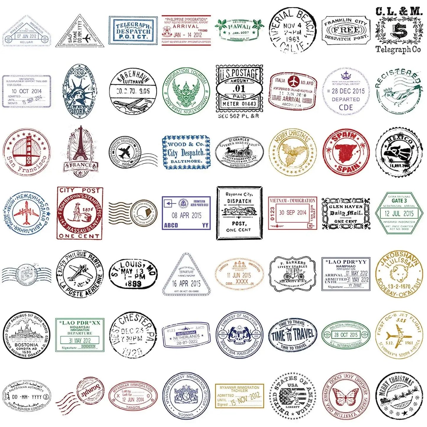 60PCS Vintage Passport Stamps Transparent Stickers Travel Decals For Phone Notebook Luggage Skateboard Guitar DIY Sticker Toy