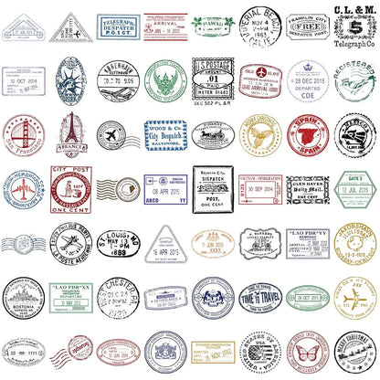 60PCS Vintage Passport Stamps Transparent Stickers Travel Decals For Phone Notebook Luggage Skateboard Guitar DIY Sticker Toy