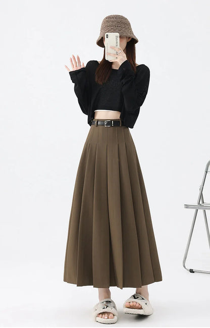 2026 New Women's Pleated Maxi Skirts Autumn High Waisted Zipper Jk Long Skirt Woman Elegant Loose Design Big Swing A-Line Skirts